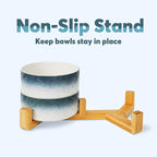 YOBRO Elegant Dog Bowls Set for Small Breeds, Beautiful Ceramic Stone Alike Style, Pet Bowl Set with Wooden Stand, Non-Slip,Modern Food or Water Dishs for Small Size Dogs, Gifts for Dog Owners, Blue