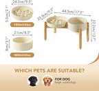 Ceramic Raised Slow Feeder Dog Bowl Set, Elevated 8.2inch Bowl and 9.5inch Slow Pet Food Dish with Wooden Stand for Large Dog (2 x Beige+ Stand)