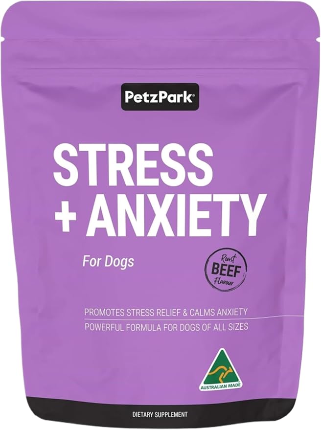 Stress and Anxiety Supplement for Dogs - Calming Dog Powder Supplement - Decreases Stress, Calms Fear & Anxiety, Eases Aggression & Insomnia, Relaxes Body and Mind - Beef Flavour - 6.4oz - 90 Scoops
