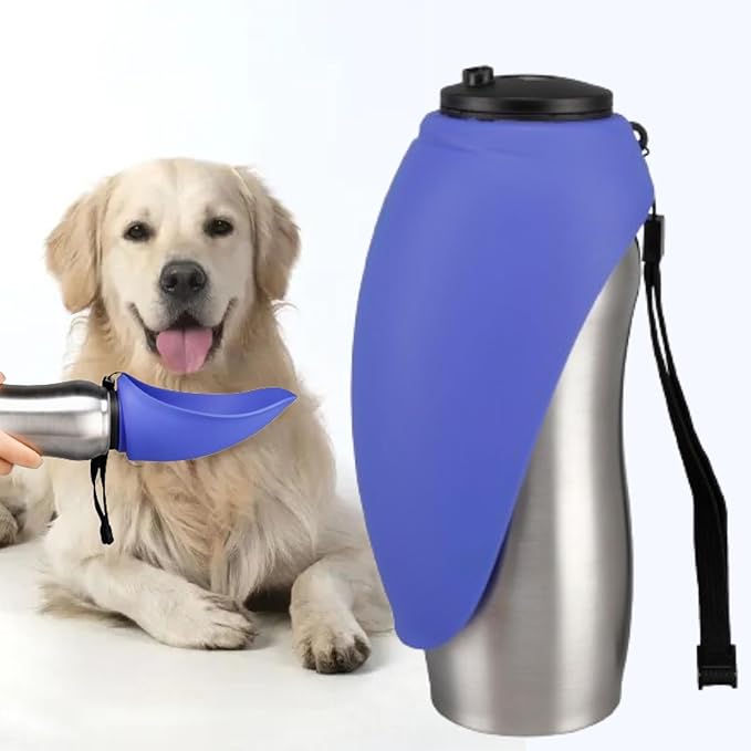 Portable Dog Water Bottle, 24 oz, Stainless Steel, Convenient Pet Water Dispenser, Collapsible Travel Bowl, Walking, Hiking, and Outdoor Activity, Compatible with Various Pets, Houd2Go (Blue, 24oz)