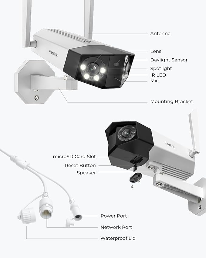 REOLINK 4K WiFi Security Camera with 180° Ultra-Wide Angle, 2.4/5GHz Plug-in Outdoor Camera, Smart Human/Vehicle/Animal Detection, Color Night Vision, Two-Way Talk, DC 12V/2A, Duo 2 WiFi