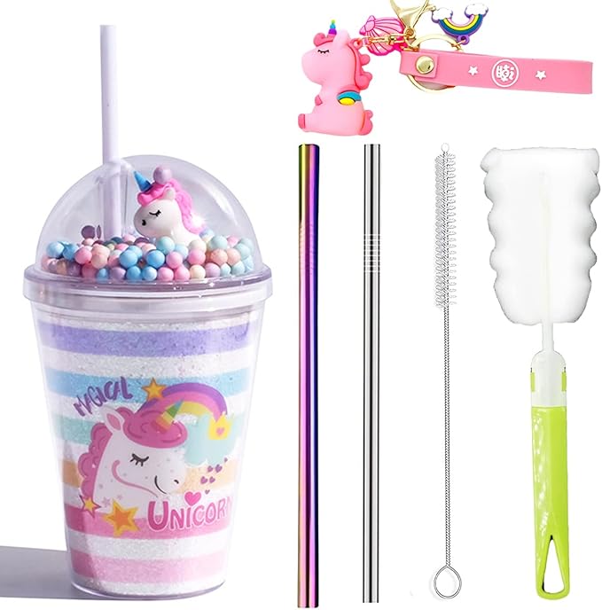 Unicorn Cups with Straw Party Cup Travel Tumblers Ice Coffee Mugs Reusable Plastic Cup Water Bottle Birthday Gfit (pink unicorn, 380ml)
