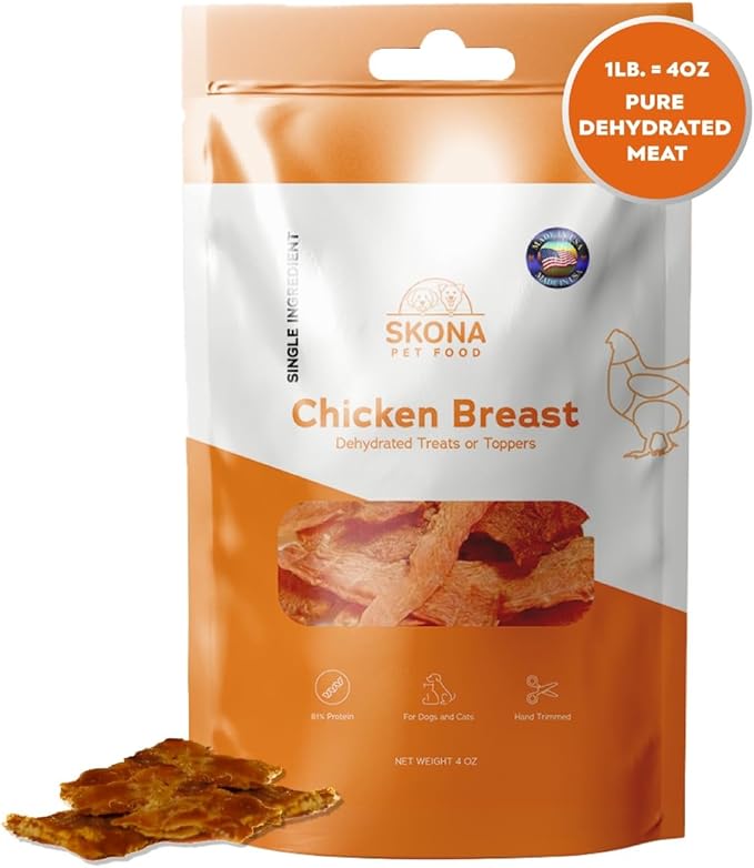 Skona PetFood Chicken Breast Jerky Dog Treats & Cat Jerky Treats, High Protein, Single-Ingredient Training Snacks, Grain-Free, USA Made, Rich in Taurine, Supports Digestion & Dental Health, 4oz