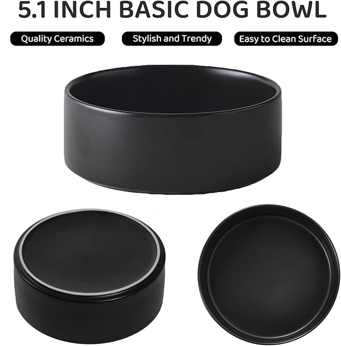 Ceramic Set of 2 Dog and Cat Bowls - Classic Food & Water Bowl for Kitty, Cats and Toy Breed Dogs, Weighted Dog Dishes, Food Grade Pet Bowl, Dishwasher & Microwave Safe (5.1'', 2*16OZ, Black)