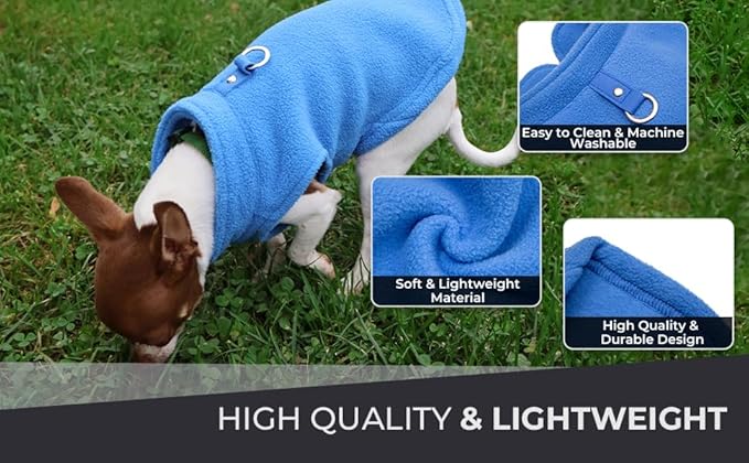 JACKO & CO - Fleece Vest Sweater with Leash Ring - Soft Lightweight Breathable for Puppies Small Medium Dogs, Kitten, Cats, Chihuahua - Warm for Fall/Autumn/Winter (Blue, Large 10-16lbs)