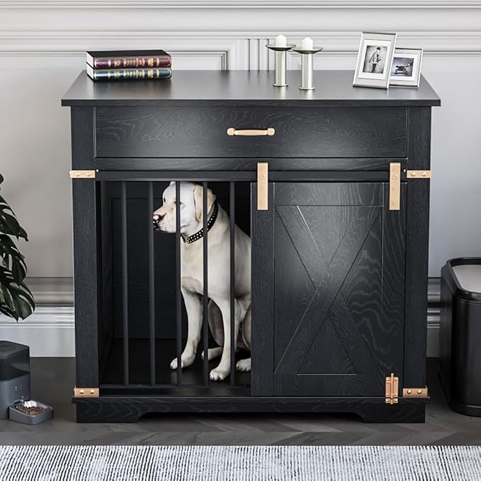 37.8'' Dog Crate Furniture with Storage Drawer, Decorative Wooden Dog Kennel with Sliding Barn Door, Indoor Water Resistant Cage for Pet, Small, Medium, Large Dog (Black Gold Oak)