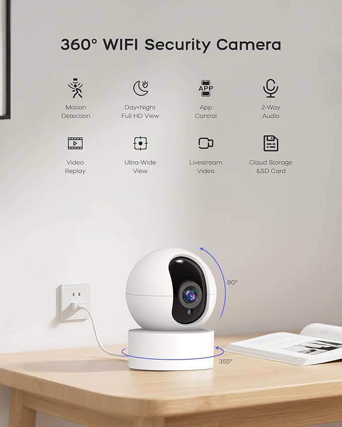 PGST Camera for Home Security Indoor, WiFi Home Security Camera 1080P Two-Way Audio, Night Vision, Motion Sensor, Automatic Tracking, Cloud/SD Storage, Compatible with Alexa