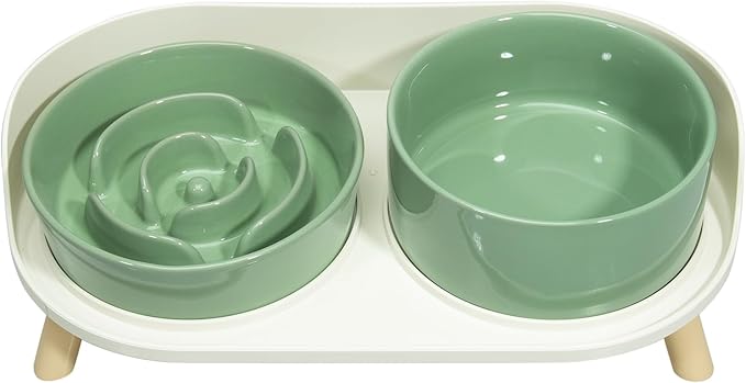 Elevated Slow Feeder Dog Bowls - Ceramic Food and Water Bowl Set with Stand - Raised Pet Dishes for Small and Medium Sized Dogs