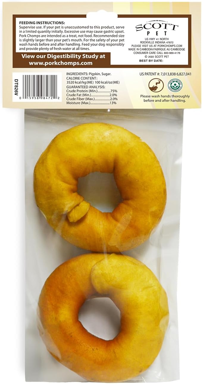 Pork Chomps Roasted Pork Skin Dog Chews, 3-inch Donuts, 2 Count
