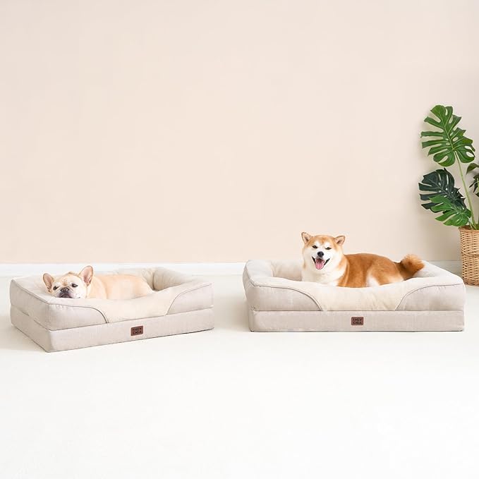 EHEYCIGA Memory Foam Dog Bed for Medium Size, Orthopedic Dog Sofa with Sides and Waterproof Liner, Washable Bolster Pet Couch with Removable Cover, 35x22x6.5 Inch, Beige