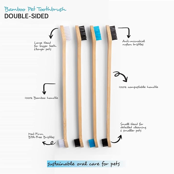 Mighty Mutt Bamboo Pet Toothbrush – Double-Sided Dog Toothbrush | Easy to Use for Dog Teeth Cleaning | Pet Friendly | Soft, Gentle Dog Tooth Brush for Any Size Breed – 4 Pack