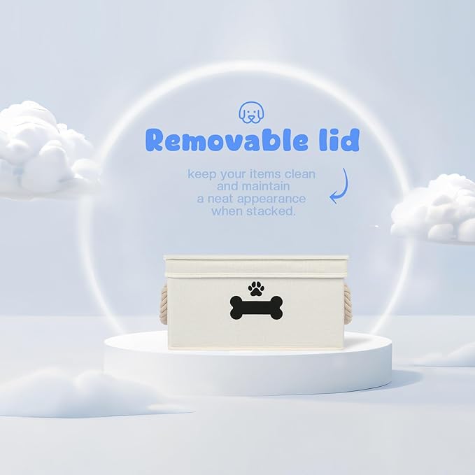 Dog Toy Basket with Lid, Dog Basket for Toys, Dog Toy Box with Cotton Rope Handles, Collapsible Storage Bins for Dog Toys, Dog Storage Organizer, Beige