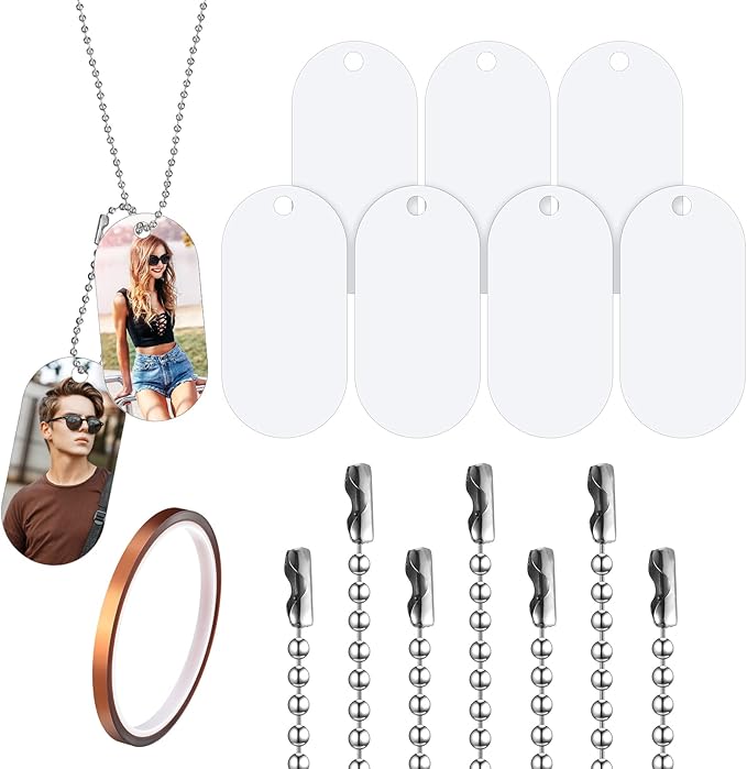 Hicarer 25 Sets Sublimation Blank Dog Tags Set Includes Aluminum Sublimation Stamping Blank Tags Necklace Chain 1 Roll of Tape for DIY Decorative Oval