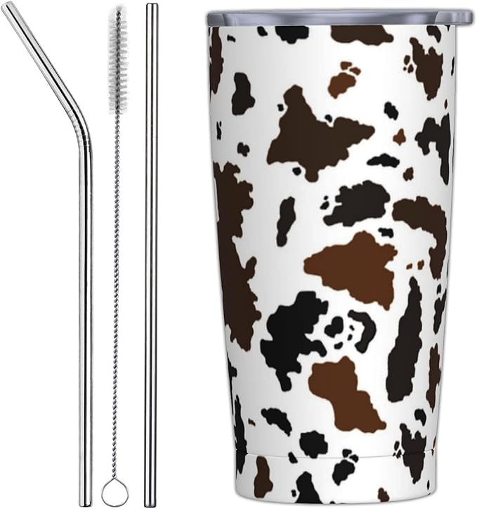 Cow Print Tumbler with Lid and Straw, 20 Oz Cup Stainless Steel Insulated Water Bottle Coffee Mug