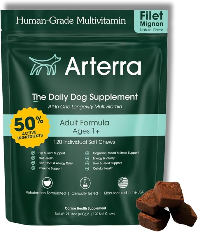 Arterra Longevity Multivitamin for Dogs – 50% Active Ingredients – Vet-Formulated Daily Soft Chews for Gut, Brain, Joint & Immune Health – Human-Grade Supplement | 120 Count