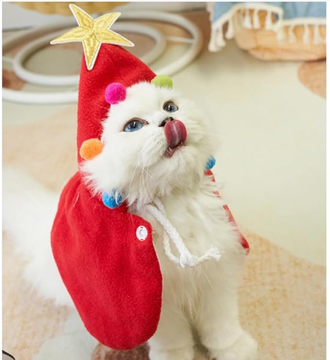 ANIAC Pet Dog Christmas Costume Puppy Xmas Cloak with Star and Pompoms Cat Santa Cape with Santa Hat Red Doggy Outfit Winter Cat Clothes for Kitten and Small to Medium Sized Dog (Large, Red)