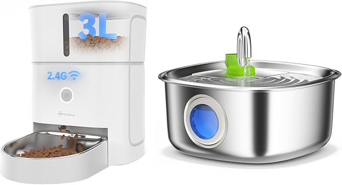 Dog Water Fountain Stainless Steel, 236 Oz/7L Automatic Dog Water Bowl Dispenser+3L Automatic Cat Feeder Timed Pet Dry Food Dispenser,1-6 Meals Per Day Set