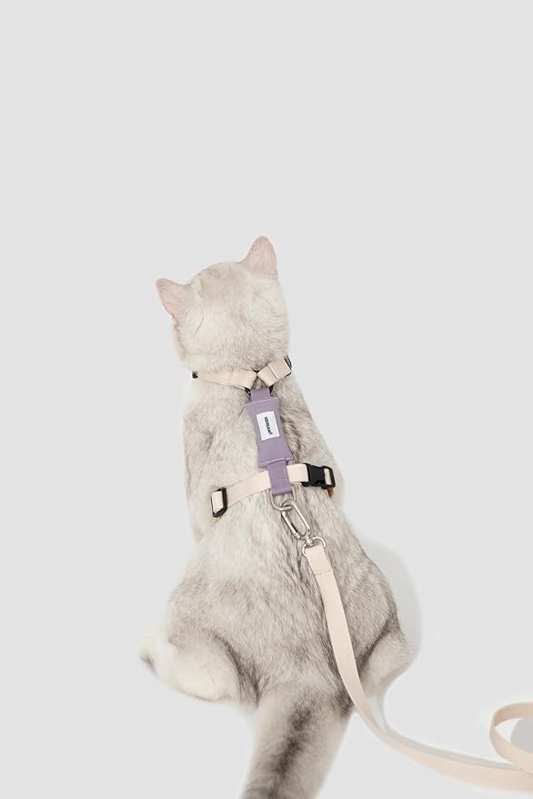 H-Shape Escape Proof Cat Harness & Leash Set - Plush Padded Back, Adjustable Neck/Chest, Lightweight, w/ 1.5cm Wide Leash for Kittens to Adult Cats (Cream and Purple)