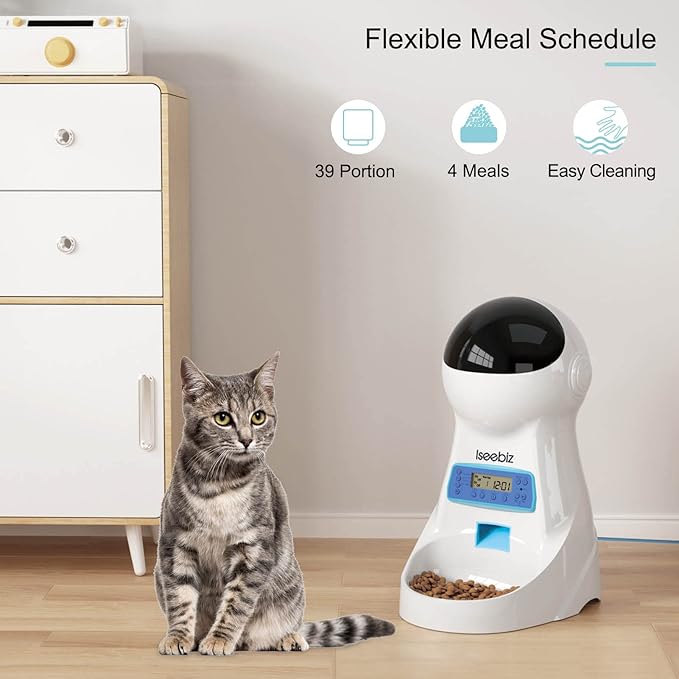 Automatic Cat Feeder, 101oz/3L Timed Cat Feeder for Dry Food with Anti-Clog Design, Up to 4 Meals with Portion Control, Dual Power Supply &10s Voice Recorder for Small Medium Cats Dogs