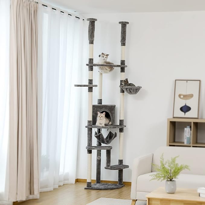 PEQULTI Floor to Ceiling Cat Tree 92.9’’-101.6’’ Height Adjustable Cat Tower Tall Kitty Climbing Play House with Scratching Posts, Cozy Condo, Perches and Large Hammock for Indoor Cats Gray