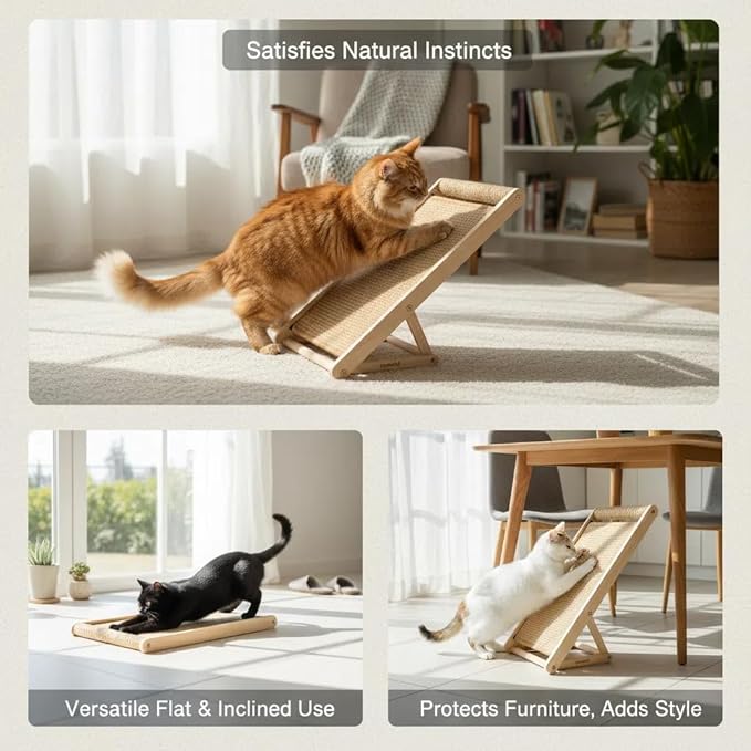 Cat Scratcher with Ramp, 22-inch Natural Sisal & Solid Wood, Tool-Free 2-Step Assembly, Stable Triangle Base for Indoor Cats (Beige)