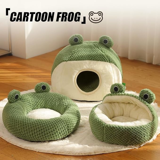 Cute Frog Cat Bed with Removable Cushion Pillow, Fluffy Frogs Style Cat Cave House Green, Sleeping Bag Pet Tent for Cats and Small Dogs