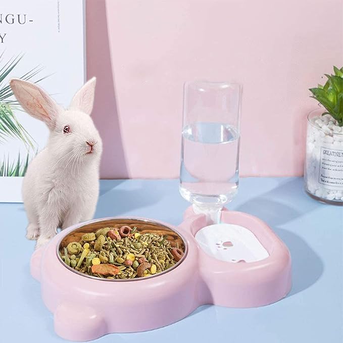 Rabbit Double Bowls Bunny Automatic Water Dispenser Detachable Stainless Steel Bowl No-Spill Water Bottle Food Feeder for Small Animals Bunny Squirrel Cat Puppy Chinchilla