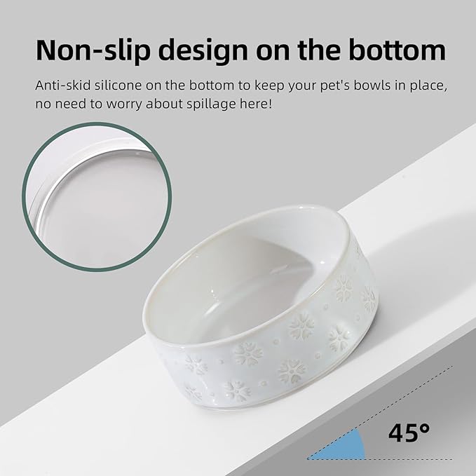 Ceramic 5.1inch Raised Dog and Cat Bowl Set, 2 Heights Elevated Wooden Stand for Puppy, Kitty, Cats, Weighted Pet Food and Water Dishes(5.1'',13.5oz, Arctic White)