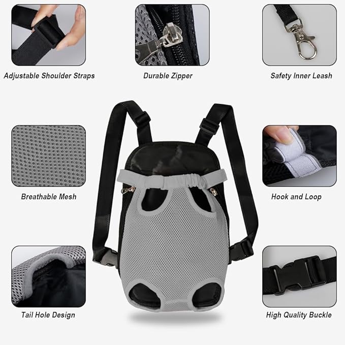 FEimaX Dog Carrier Backpack Pet Legs Out Front Cat Travel Bag, Adjustable Puppy Backpacks Carriers Hands-Free for Small Medium Dogs Cats Hiking Traveling Camping Daily Walking (Medium, Grey)