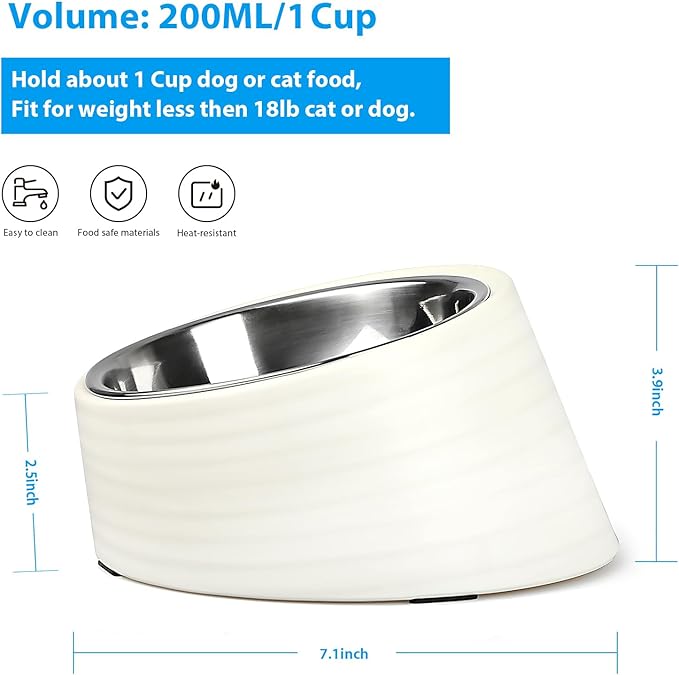 Tilted Slanted Dog Bowl 1 Cup, 15° Tilted Stainless Steel Dog Cat Food Bowl, Non-Slip & Non-Spill Pet Feeder with Elevated Detachable Melamine Stand, Easy to Get Food Dish, Medium White