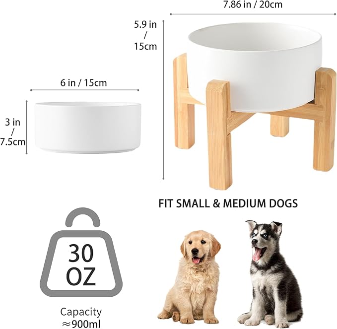 6'' Ceramic Raised Dog Bowl - 30Oz Dog Food & Water Bowl with Elevated Non-Slip Bamboo Stand, Dishwasher & Microwave Safe, Anti Vomiting Heavy Duty Pet Bowl for Small and Medium Dogs, White