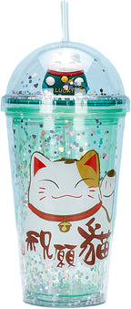 Lucky Cat Drinking Cups with Straw Kids Party Cup Kitten Travel Tumbler Ice Coffee Mugs Women Reusable Plastic Water Bottle Birthday Gift (green cat, 6.5 * 20 cm)