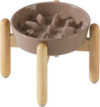 7.3inch Ceramic Dog Raised Slow Feeder Set, Elevated Bowl with Wooden Stand for Medium and Small Dog, Slow Feeder Dish for Fast Easters(Brown Coffee, Single Bowl+ Stand)