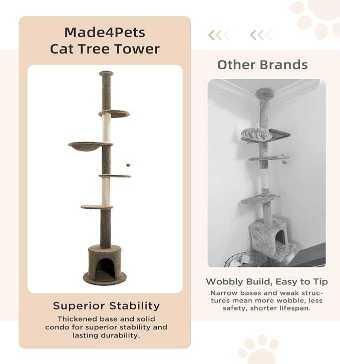 Made4Pets Floor to Ceiling Cat Tree 93-106'',Tall Cat Tower 5 Tiers, Adjustable Height, Stable Cat Tree Tower with Scratching Posts, Fluffy Condo, Hammock and Ball Toy for Indoor Cats/Kitten, Brown