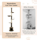 Made4Pets Floor to Ceiling Cat Tree 93-106'',Tall Cat Tower 5 Tiers, Adjustable Height, Stable Cat Tree Tower with Scratching Posts, Fluffy Condo, Hammock and Ball Toy for Indoor Cats/Kitten, Brown