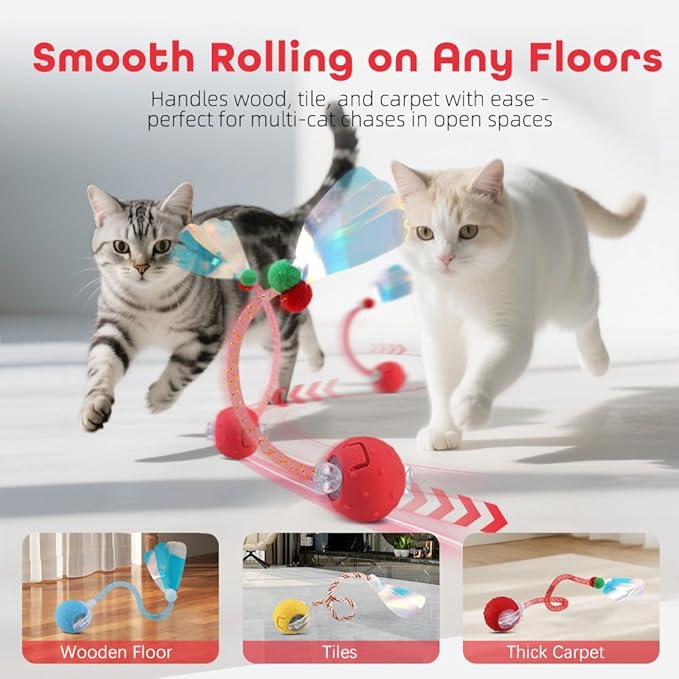 2Pack Interactive Cat Toys Ball for Indoor Cats with Elastic Mesh Net Tails – 3 Working Modes for Agile Movement, Motion Activated, USB-C Rechargeable, Ideal for Indoor Cats (Red)