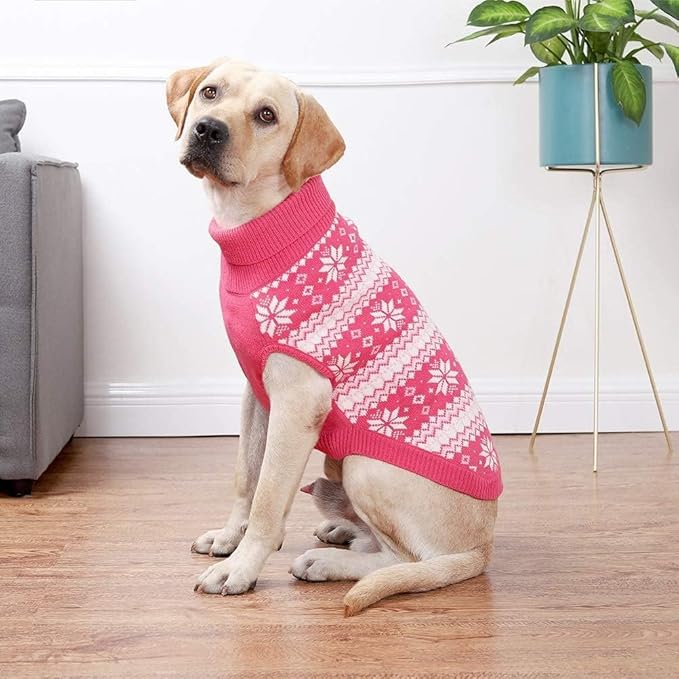 KOOLTAIL Cable Knit Dog Sweater Turtleneck, Cold Weather Pullover Classic Knitwear, Snowflake Pattern Thick Warm Winter Pet Clothes, Dog Christmas Sweater for Small Medium Large Dogs Girl,Pink ML