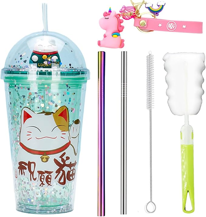 Lucky Cat Drinking Cups with Straw Kids Party Cup Kitten Travel Tumbler Ice Coffee Mugs Women Reusable Plastic Water Bottle Birthday Gift (green cat, 6.5 * 20 cm)
