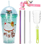 Lucky Cat Drinking Cups with Straw Kids Party Cup Kitten Travel Tumbler Ice Coffee Mugs Women Reusable Plastic Water Bottle Birthday Gift (green cat, 6.5 * 20 cm)