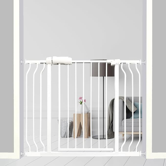 38.5-43.5 Inch Extra Wide Baby & Dog Gate, Pressure Mounted Walk Through, Heavy-Duty Safety Gate for Doorways & Stairs, White Metal with Extension Kit