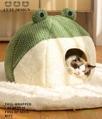 Cute Frog Cat Bed with Removable Cushion Pillow, Fluffy Frogs Style Cat Cave House Green, Sleeping Bag Pet Tent for Cats and Small Dogs