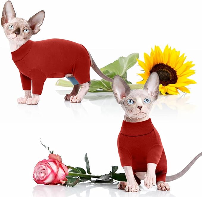 ROZKITCH Cat Clothes - Breathable Soft Jumpers for Cats, Warm Sweater T-Shirt Pajamas Jumpsuit Vest - Cornish Rex Devon Rex Peterbald Red L