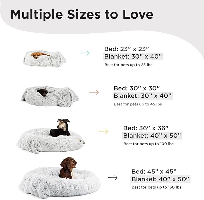 Best Friends by Sheri Bundle Set The Original Calming Shag Donut Cuddler Cat and Dog Bed + Pet Throw Blanket Frost Small 23" x 23"