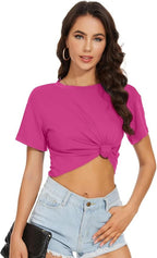 Womens Summer Crop Tops Short Sleeve Round Neck T-Shirts Loose Fit Casual Blouse