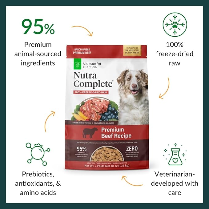 ULTIMATE PET NUTRITION Nutra Complete Freeze Dried Raw Dog Food, Veterinarian Formulated with Antioxidants, Prebiotics & Amino Acids (3 Pound, Beef)