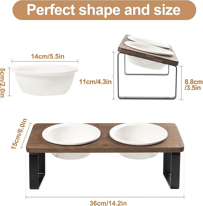 Sunhoo Ceramic Elevated Cat Bowls Raised Puppy Dishes for Food and Water Tilted Wooden Stand for Indoor Cats 5.5 inch Wide Double Dish Orthopedic Reduces Vomiting (Brown)