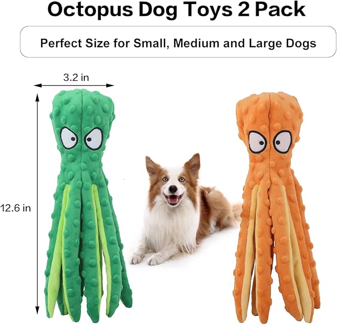 Dog Squeaky Toys Octopus - No Stuffing Crinkle Plush Toys for Puppy Teething, Durable Interactive Chew Toys for Small, Medium and Large Dogs Training and Reduce Boredom, 2 Pack