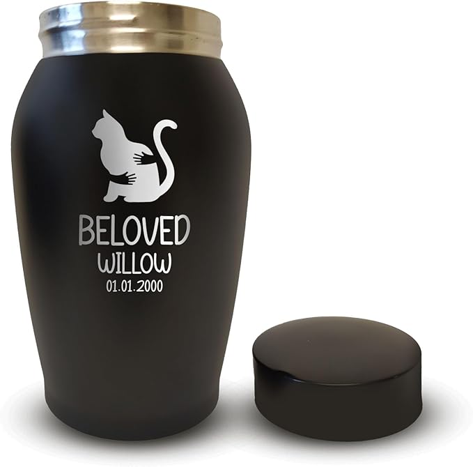 Personalized Custom Small Keepsake Urn Engraved with Pet Name, Date and Cat Design - 5.2" Black Powder Coated Steel Cremation Urn for Cat Ashes | 12-16 lb Capacity, Embrace