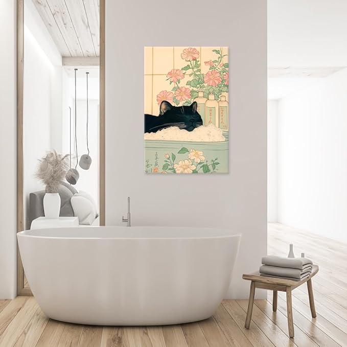 Relaxation Japanese Poster Print Cute Black Cat Wall Art Decor Bathtub Pink Flowers and Green Leaves Picture Canvas Minimalist Japan Artwork for Bathroom Bedroom Toilet Kids Room 24x36inch Framed