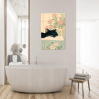 Relaxation Japanese Poster Print Cute Black Cat Wall Art Decor Bathtub Pink Flowers and Green Leaves Picture Canvas Minimalist Japan Artwork for Bathroom Bedroom Toilet Kids Room 16x24inch Framed